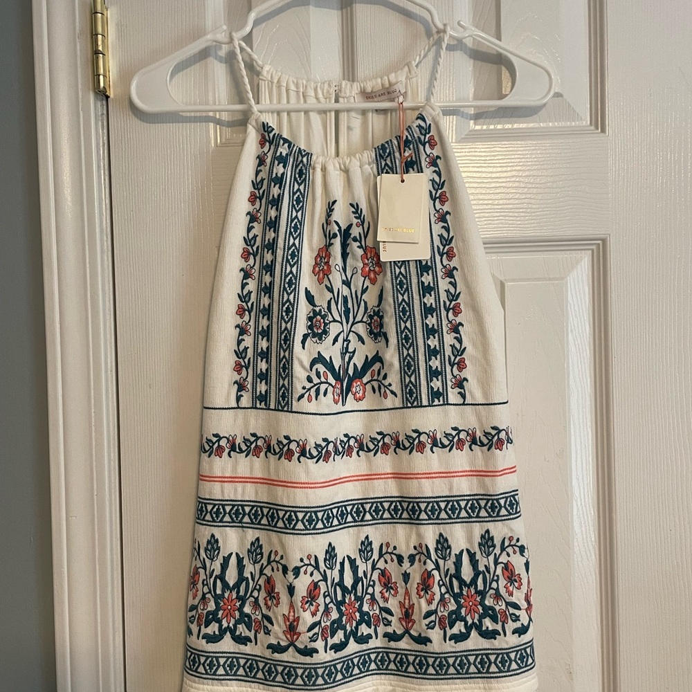 Skies Are Blue Cream Halter Top with Blue & Coral Embroidery